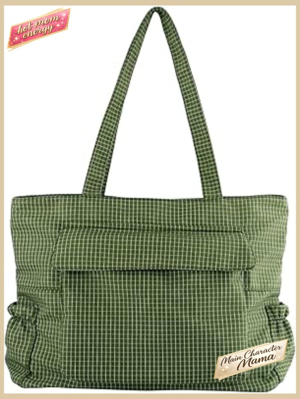 Lightweight Nylon Tote Bag with Zipper Plaid Pattern Casual Work Travel